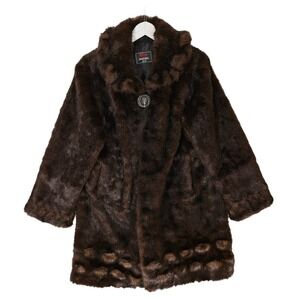 Mangnia Womens Brown Faux Fur Coat Scalloped Hem Portrait Collar Mid Length L